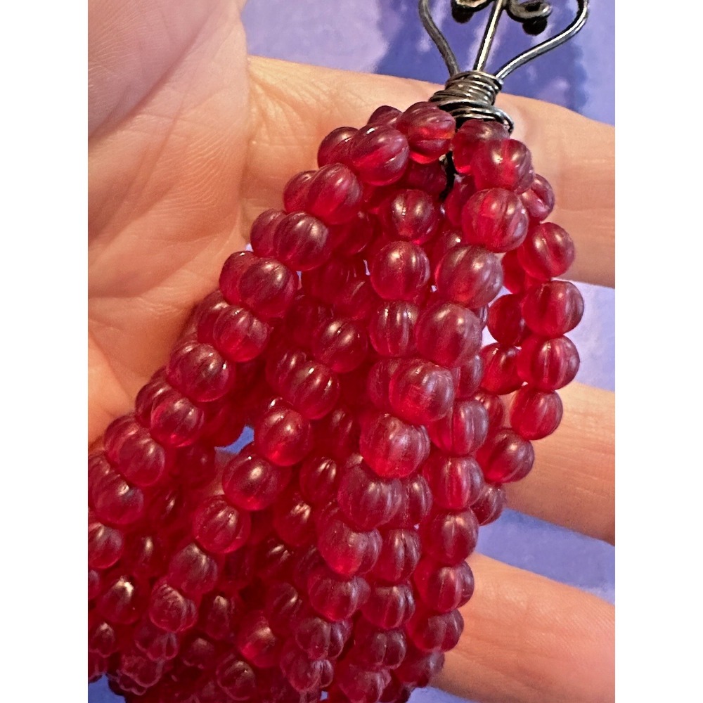Necklace Red Multi strand Textured Bead Heart Clasp Statement 16" Stunning Vtg